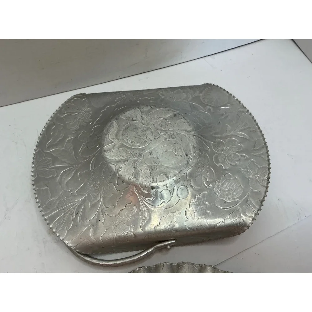 Vintage Aluminum Serving Set Floral Hammered Metal Trays Mid Century